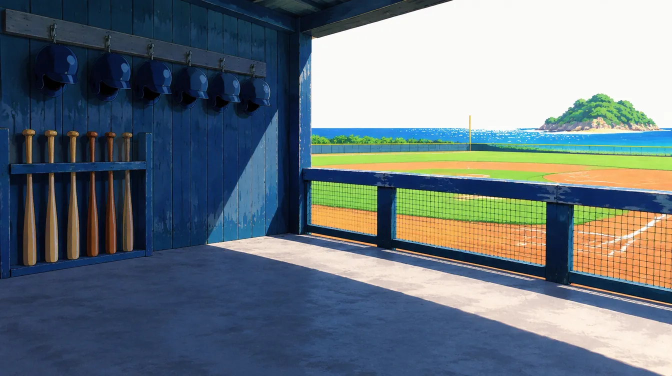 Dugout kayu yang teduh di lapangan Zappleton. Di luar, lapangan putih panas dan laut biru.