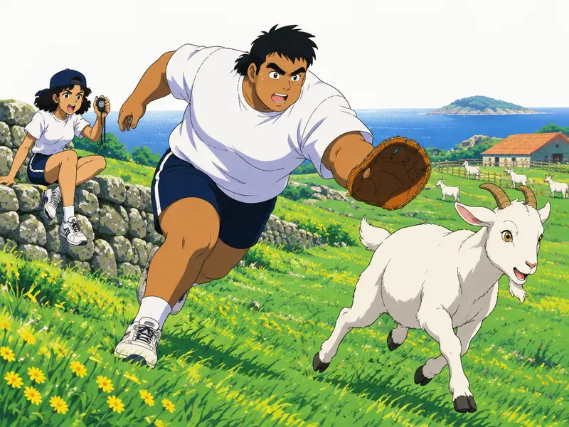 Fergus mengejar kambing putih di lereng bukit, Gina duduk di tembok batu memegang stopwatch.